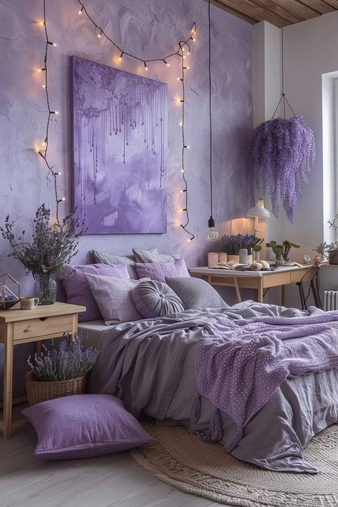 Boho Purple Bedroom, Creative Workshop Ideas, Lavender Boho Bedroom, Lavender Room Aesthetic, Purple Aesthetic Room, Tangled Bedroom, Lavender Room Decor, Purple Palace, Lilac Bedroom