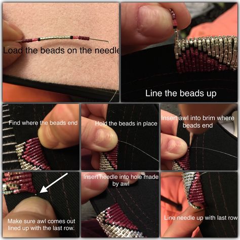 Step by step how to bead a hat brim. With an awl Ojibwe Beading Patterns, How To Bead A Baseball Cap, How To Bead A Graduation Cap, How To Do Native American Bead Work, Beading A Hat Rim, Beaded Hat Rim Patterns, Bead Loom Earrings Tutorials, How To Bead Native American Tutorials, Beading Hat Brim