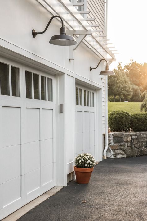 Door Transformation, Garage Door Lights, White Garage Doors, Carriage House Garage Doors, Garage Door House, Carriage Garage Doors, Garage Door Windows, Carriage House Garage, Farmhouse Garage