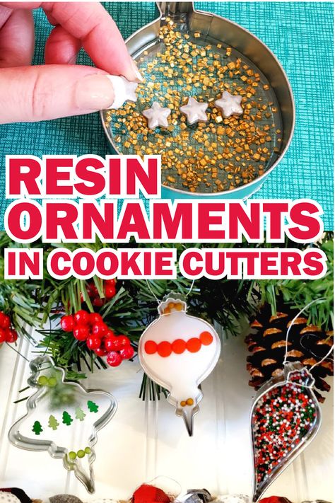 Learn how to make these metal cookie cutter resin ornaments and decorate them with sprinkles in different shapes and colors. Resin And Fabric Crafts, Resin Christmas Decorations Diy, How To Make Resin Christmas Ornaments, How To Make Resin Ornaments, Uv Resin Christmas Ornaments, Resin Crafts Halloween, Uv Resin Ornaments, Christmas Resin Ideas Diy, Resin Ideas To Sell Christmas