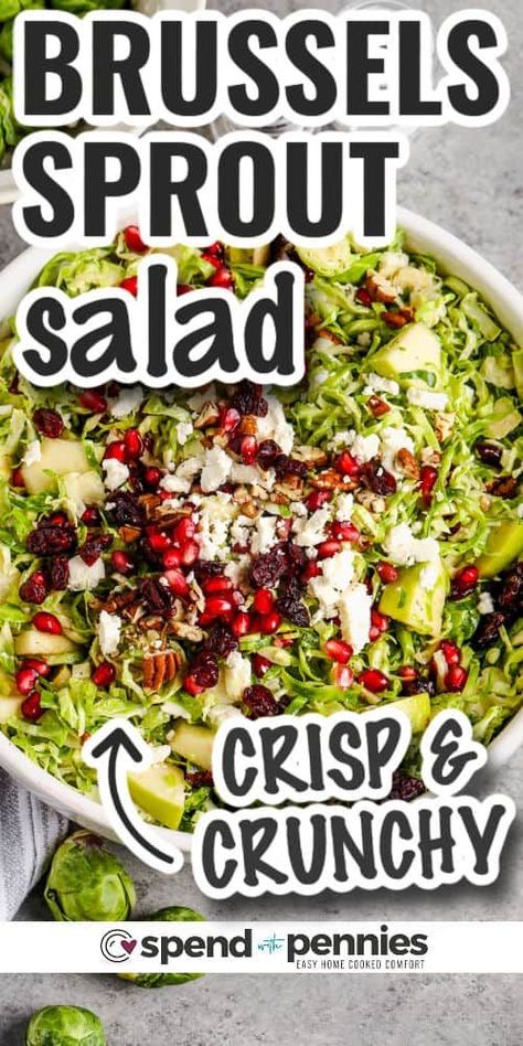 Enjoy this crispy and flavorful Brussels sprout salad with honey mustard dressing. It's so delicious with walnuts or pecans, feta cheese, pomegranate, and cranberry. This salad will disappear off the buffet table first, and it's easy to make too. Shredded Brussels sprouts and a few add-ins and extras are all it takes! #brusselsproutsalad #brusselssproutssalad #salad #spendwithpennies Brussel Sprout Salad Pomegranate, Brussel Sprout Salad With Bacon, Brussel Sprout Cranberry Salad, Brussels Sprouts Salad, Brussel Sprouts Cranberries, Creamy Cucumber Tomato Salad, Blue Cheese Vinaigrette, Shaved Brussel Sprout Salad, Shredded Brussel Sprout Salad