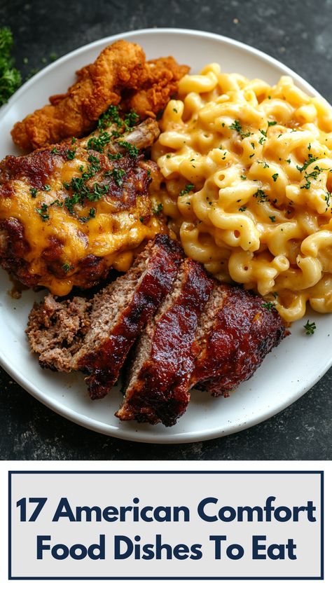 A plate of classic American comfort food featuring mac and cheese, fried chicken, and meatloaf served with savory sides. Classic Dinner Recipes Comfort Foods, American Dishes Classic, All American Recipes, Food Restaurant Near Me, Rich People Food, American Dinner Ideas, American Dinner Recipes, Classic American Food, American Lunch