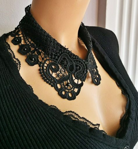 Black Beaded Floral Lace Neck Accessory Floral Detachable - Etsy Turkey Wire Crochet Jewelry, Shoulder Necklace, Lace Neck, Bib Collar, Wire Crochet, Neck Accessories, Handmade Lace, Floral Accessories, Buy 1 Get 1 Free