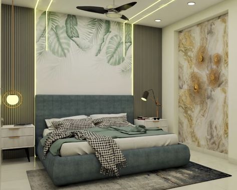 Bed With Back Paneling, Bedroom With Panel Bed, Back Panelling Designs Bedrooms, Bed Headboard Wallpaper, Grey Floral Wallpaper Bedroom, Headboard Panelling Design, Master Bedrooms Paneling, Panelling Design Wall Bedroom, Headboard Wall Panelling