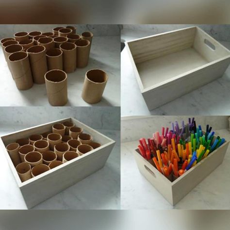 Having trouble keeping your pens/markers/crayons or paints organized? ✏️🖍️🖌️ Try storing them in recycled paper towel or toilet paper… | Instagram Crayon And Marker Organization, Colored Pencil Organizer, Pen And Pencil Organization, How To Organize Art Supplies, Pens Organization Ideas, Colored Pencil Organization, Organizing Art Supplies, Recycle Organization, Craft Area Organization