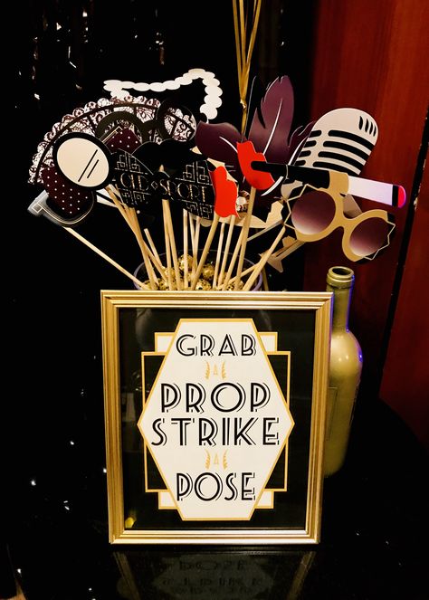 Gatsby Photo Booth Props, Roaring 20s Graduation Party, Gatsby Party Photo Booth, 1920s Birthday Party Decorations, Great Gatsby 18th Birthday Party, Gatsby Christmas Party Decor, Great Gabsty Party Theme, 1920s Decorations Party, Great Gatsby Theme Decor