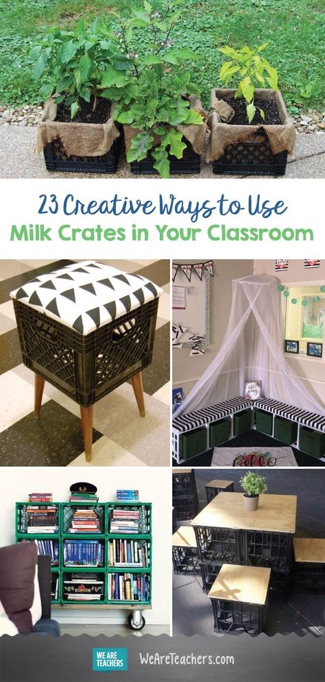 23 Creative Ways to Use Milk Crates in Your Classroom. Every classroom really needs more storage and there is no doubt about that, so here is your fix! Mix crates are inexpensive and multiple ways you can reuse them, so check out all these creative ways t Crates On Wall, Milk Crate Seats, Milk Crate Shelves, Milk Crates Diy, Nursery Organization Diy, Milk Crate Furniture, Milk Crate Storage, Plastic Milk Crates, Crate Shelves Diy