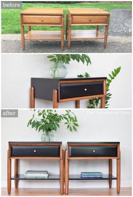 Before & After Satin Black and Walnut Mid Century Modern LA Period Nightstands Rehab Furniture, Diy Furniture Renovation, Furniture Rehab, Furniture Renovation, Funky Furniture, Design Del Prodotto, Refurbished Furniture, Furniture Restoration, Furniture Makeover Diy