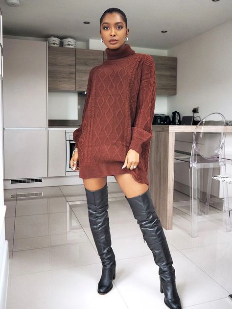 Dresses Turtle Neck, Dress With Knee High Boots, Distressed Sweater Dress, Rust Sweater, Longline Sweater, Knit Sweater Outfit, Cable Knit Sweater Womens, Distressed Sweater, Distressed Sweaters