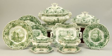 ENGLISH STAFFORDSHIRE CHINA PARTIAL DINNER SERVICE 19th CenturyIn the green and white Acropolis pattern. Green And White China, Green And White Plates, Green And White Transferware, Fine China Dinnerware Wedgwood, Ivory Hills China, Green Porcelain, Porcelain Tableware, Dinner Service, Antiques And Collectibles