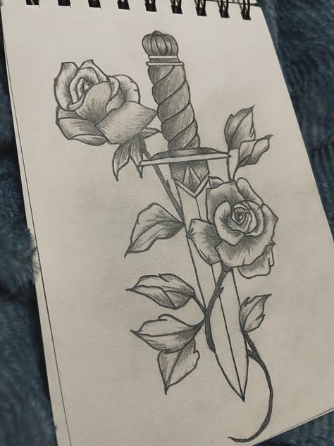 Rose Drawing With Shading, Dangerous Flower Drawing, Backstabber Drawing, Romantic Drawings For Him, Drawing Ideas Rose, Dagger Sketch, Rose Dagger Tattoo, Rose Drawing Ideas, Drawing Knife