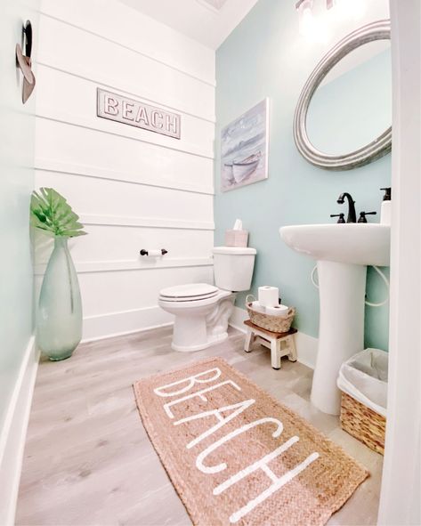 Beach Theme Basement Ideas, Ocean Themed Bathroom Modern, Beach Remodeling Ideas, California Bathroom Aesthetic, Coastal Home Remodel, Coastal Farmhouse Bedroom Master Suite, Caribbean Theme Bathroom, Beach Front Living Room, Beach Half Bathroom Ideas