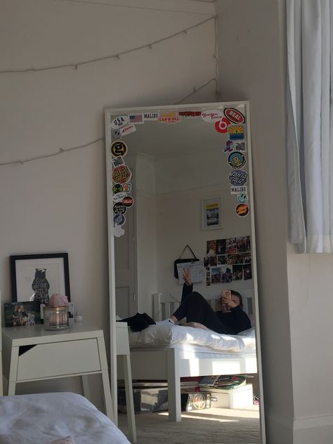 Mirror With Stickers, Sticker Mirror, Brandy Melville Stickers, Messy Bed, Cute Mirror, Home Decor Cozy, Aesthetic Mirror, Retro Room, Room Stickers