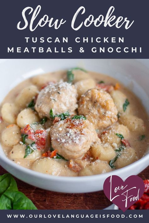 Slow Cooker Tuscan Chicken Meatballs with Gnocchi Meatball Gnocchi, Slow Cooker Tuscan Chicken, Cozy Winter Recipes, Family Breakfast Recipes, Cozy Fall Recipes, Gnocchi Recipe, Slow Cooker Meatballs, Tuscan Chicken, Gnocchi Recipes