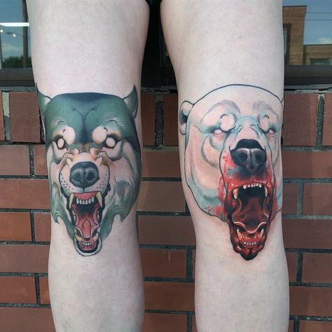 Wolf Knee Tattoo, Traditional Bear Tattoo, Polar Bear Tattoo, Illustrative Tattoos, Knee Tattoos, Animal Sleeve, Bear Tattoo Designs, Neo Tattoo, Animal Sleeve Tattoo