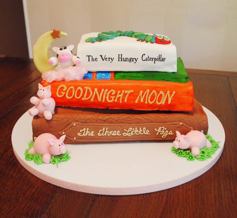 Stacked storybook baby shower cake Open Book Cakes, Storybook Party, Book Birthday Parties, Storybook Theme, Book Shower, Storybook Baby Shower, Book Cakes, Goodnight Moon, Book Cake