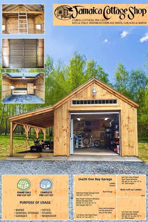 ★★★★★ Rudy Pardo August 25, 2020 Fast shipping & shipped to protect the items. Would recommend this shop to anyone. The space of 14'x24'  One Bay Garage creates room for your cars, wide workshop, & barns with enough room for tack & grain while the standard full loft makes great hay storage. #garage #customgarages #homeoffice #jcs #madevermont #vermont #woodsheds #jamaicacottageshop #sheds #ecofriendlyliving #minimalistliving #workshop #onebaygarage Check out our "One Bay Garage" spec sheet here: Shed For Storage, Detached Garage Hangout, Barn Storage Shed, Small Garage Building Ideas, Backyard Wood Shop, Garage And Workshop Plans, Small Storage Barn, Building A Shop On A Budget, Garage With Outdoor Living Space