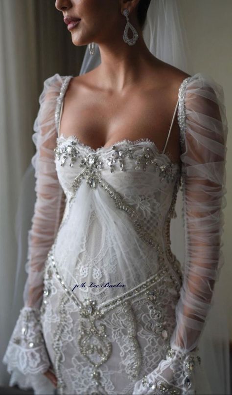 Leather And Lace Wedding Dress, Castle Wedding Dresses, Dreamy Fashion Aesthetic, Sheer Bodice Wedding Dress, Engagement Outfit Guest, Vintage Designer Wedding Dresses, Swan Lake Wedding Dress, Funky Formal Wedding, Over The Top Wedding Dress