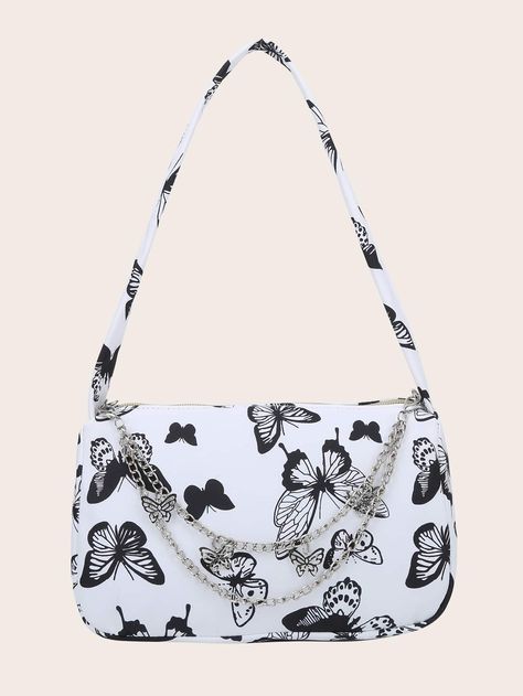 Chain Decor Butterfly Graphic Baguette Bag Baguette, Leather Hand Bags For Women, Tas Lv, Butterfly Bag, Spring Purses, Baguette Bags, Preppy Bags, Preppy Women, Decor Butterfly