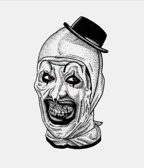 Horror Movie Villains Tattoo, Art The Clown Terrifier Movie, Scary Clown Character Design, Art The Clown Sketch, Horror Movie Inspired Tattoos, Art The Clown Drawing Sketch, Terrifier Sketch, Black And White Horror Art, Terrifier Tattoo Design