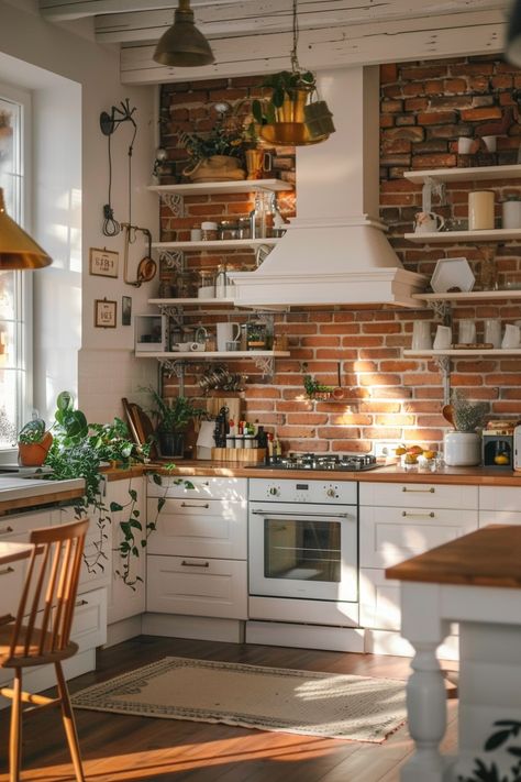 Brick Floors Kitchen, Kitchen With Red Brick, Red Brick Kitchen Backsplash, Farmhouse Kitchen Brick Backsplash, Brick In Kitchen, Brick Home, Exposed Brick Walls Kitchen, Kitchen Backsplash Ideas, Rustic Boho Kitchen