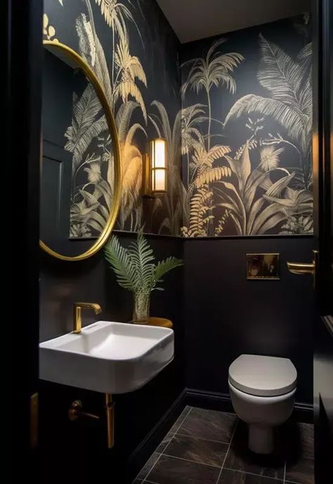 Black And White Downstairs Toilet, Powder Bathroom Ideas, Creative Bathroom Design, Small Downstairs Toilet, Toilette Design, Toilet Room Decor, Bathroom Design Black, Small Toilet Room, Small Bathroom Interior