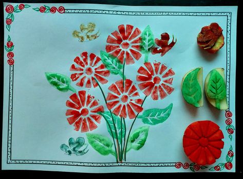 Vegetable stamping art for kids for visual learning Vegetable Stamping Art, Vegetable Printing Art For Kids, Potato Stamp Art, Vegetable Stamping, Vegetables Painting, Vegetable Printing, Potato Printing, Create Journal, Vegetable Crafts