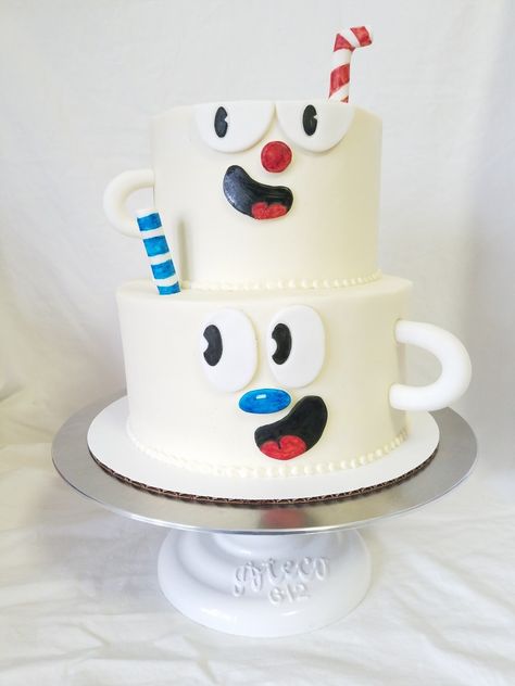 A perfect cuphead and mugman themed birthday cake. Cuphead And Mugman Party Ideas, Cup Head And Mug Man Birthday, Cup Head Birthday Cake, Cup Head Birthday Party Ideas, Cuphead Party Ideas, Cuphead Cake Ideas, Cup Head Cake, Cuphead Birthday Party Ideas, Cuphead Birthday Party