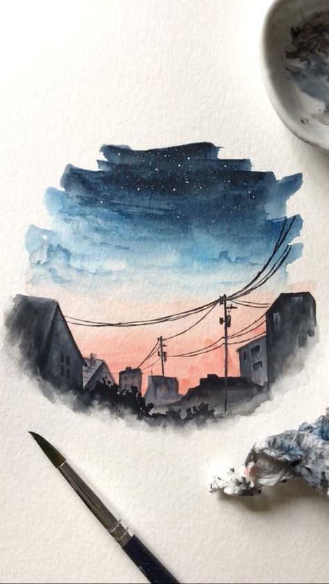 Try painting Hogsmeade? City Night Painting, Drawing Hands, Watercolor City, Power Lines, Watercolor Sunset, Art Face, Watercolor Paintings Easy, City Night, 수채화 그림