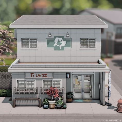 Sims 4 Small Vet Clinic, Sims 4 Pet Shop, Sims Vet Clinic Ideas, Sims 4 Mt Komorebi Builds, Sims Apartment Building, Sims 4 Vet Clinic, Mt Komorebi, Upstairs Apartment, The Sims 4 Lots