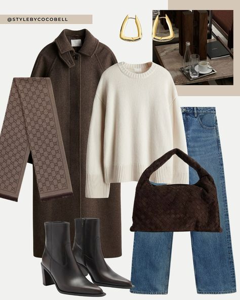 Streetstyle/Fashion & Digital Marketing (@stylebycocobell) • Instagram-bilder og -videoer Warm Spring Winter Outfits, Brown Jeans Outfit Winter, Dark Brown Coat Outfit, Short Sweater Outfit, Brown Jeans Outfit, Brown Coat Outfit, Layered Winter Outfits, Wool Coat Outfit, Scandi Girl