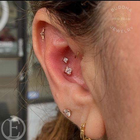 Double Conch Piercing, Double Conch, Ear Piercings Chart, Piercing Chart, Pretty Ear Piercings, Cute Ear Piercings, Conch Piercing, Body Piercings, Helix Piercing