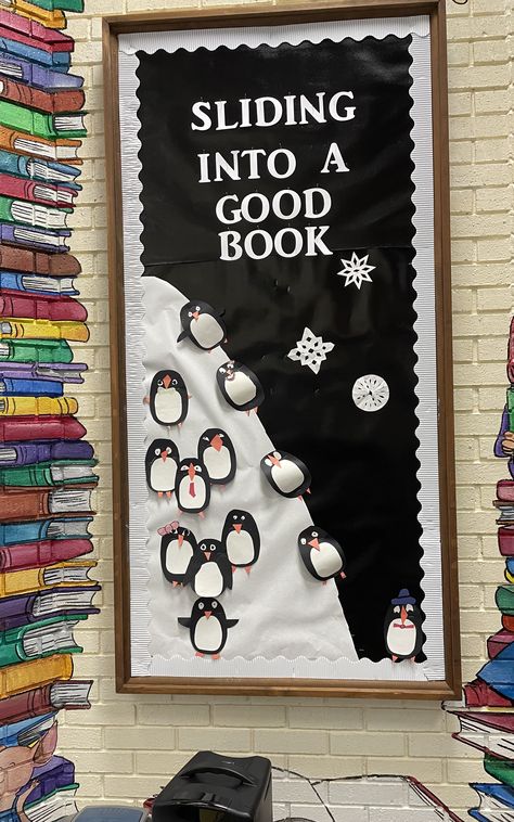 Snow Library Display, Winter Themed Library Bulletin Boards, Winter Holiday Library Displays, January Book Displays Library, Winter Bulletin Board Ideas For Library, New Year Library Display, Library Winter Displays, Winter Library Decorations, Library Winter Bulletin Board Ideas