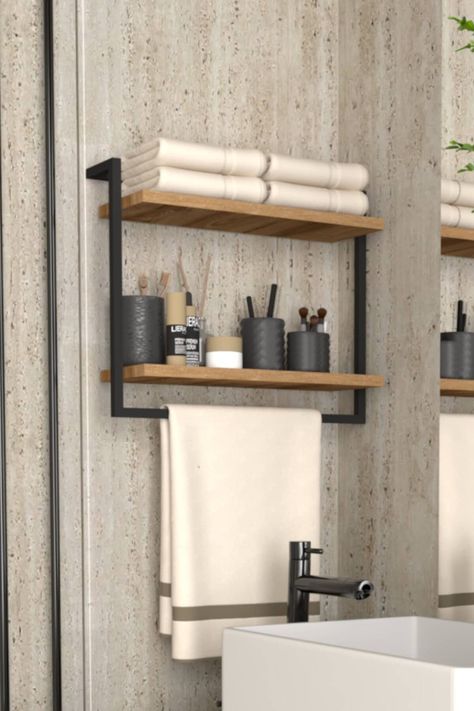 - 【EXTRA STORAGE】 Wall-mounted shelf, an indispensable towel holder for your bathroom, an amazing design for your towels and easy operation that provides extra storage space. - 【METAL STURDY FRAME】 The oven painted metal frame of our shelf makes it extra durable and allows you to get a stylish image at the same time. - 【EASY INSTALLATION】 All fasteners are sent with it. You can easily assemble and mount it on the wall. - 【WONDERFUL DİMENSİONS, METARİALS & WORKMANSHİP】 Our products are designed a Under Sink Shelves Bathroom, Boho Modern Bathroom Ideas, Towel Rack Over Toilet, Towel Holder Small Bathroom, Guest Bathroom Shelves Over Toilet, Wall Behind Toilet Decor, Diy Bathroom Shelving Ideas, Black Bathroom Accents, Shower Storage Ideas Shelving