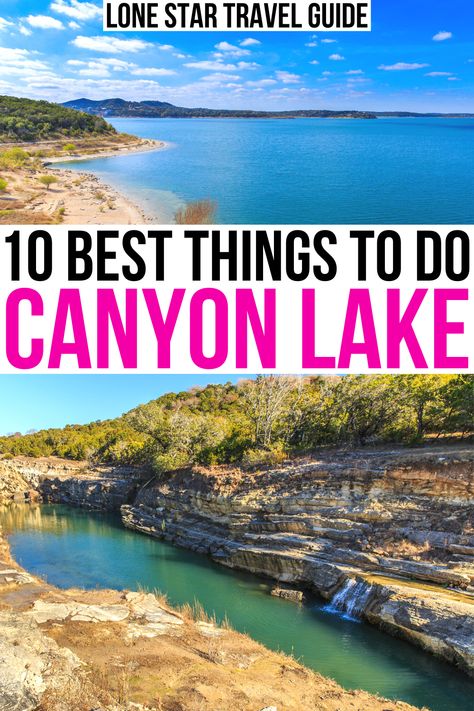 Viewpoints, swimming, and even searching for an underwater ghost town: here are the best things to do at Canyon Lake, Texas!  best things to do in canyon lake tx | what to do in canyon lake texas | canyon lake things to do | canyon lake travel guide | canyon lake vacation | best places to visit in texas hill country | best day trips from austin tx | best day trips from san antonio tx | things to do near new braunfels tx | visit canyon lake | what to do canyon lake | things to do canyon lake tx Texas Weekend Getaways, Canyon Lake Texas, Lake Swimming, Texas Vacations, Kings Canyon National Park, Lake Trip, Lake Vacation, Canyon Lake, Kings Canyon