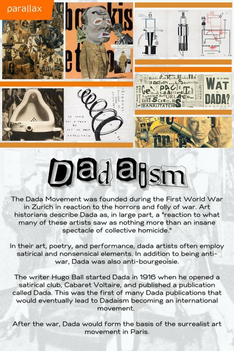 Parallax Digital Studios is happy to bring you the most recent entry in our Art Movement Showcase series! This week we look back to the late 1910s to explore #Dadaism. Dada or Dadaism was an art movement of the European avant-garde in the early 20th century. Parallax Digital is a proud purveyor of Fine Art prints and services. Contact us today or visit our website to learn more about our hi-def scanning and finishing services. Me Too Movement Art, Me Too Movement Posters, Fluxus Art Movement, Examples Of Movement In Art, Dada Movement Graphic Design, Dada Movement, Art Historian, Art Movement, Early 20th Century