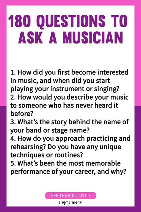 Discover engaging conversation starters with these 180 questions to ask a musician. Whether you're an aspiring artist or a music enthusiast, these thought-provoking questions will help deepen your understanding of the creative process and the world of music. From musicians' inspirations to their favorite performances, get ready for fascinating discussions! Perfect for music lovers looking to connect on a deeper level. Questions To Ask Podcast Guest, Music Questions To Ask, Work Etiquette, Interview Questions To Ask, Psychology Terms, Questions To Ponder, Instagram Story Questions, Friendship And Dating, Asking The Right Questions