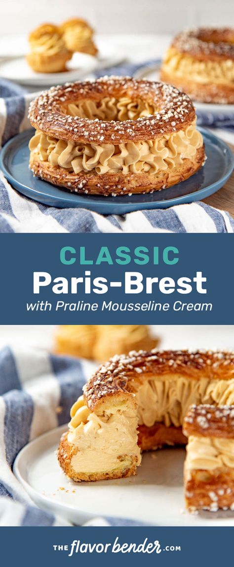 Charlotte Russe Dessert Recipe, Paris Breast Recipe, Brest Cream, French Desserts Recipes, Choux Pastry Desserts, French Pastry Recipes, Paris Breast, Classic French Recipes, Mousseline Cream