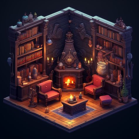 Library miniature 32 bit isometric Isometric Library, Isometric Room 3d, Library Miniature, Witch Library, Wizard Library, Low Poly Isometric, Room References, Isometric Rooms, Victorian Library