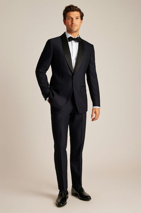 Luxe Italian wool from Marzotto® with a hint of stretch brings this vintage-inspired tuxedo to the modern era. Groom Attire Vintage, Black Tie Men, All Black Tuxedo, Groom Attire Black, Groom Suit Black, Groom Tuxedo Wedding, Blue Tux, Mens Formalwear, Formal Attire For Men