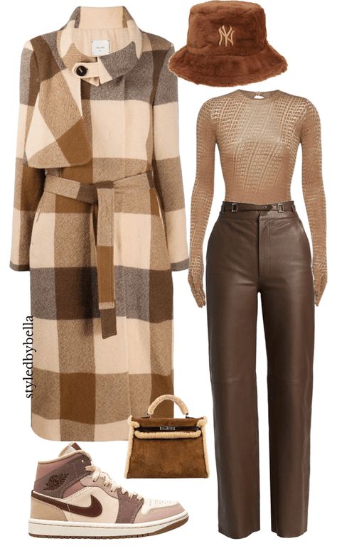 Brown And Red Outfit Ideas, Khaki And Brown Outfit, Brown Leather Pants Outfit Winter, Beige And Brown Outfit Ideas, Cream And Brown Outfits, Tan Outfit Ideas, Checked Coat Outfit, Brown Leather Pant, Brown Winter Outfit