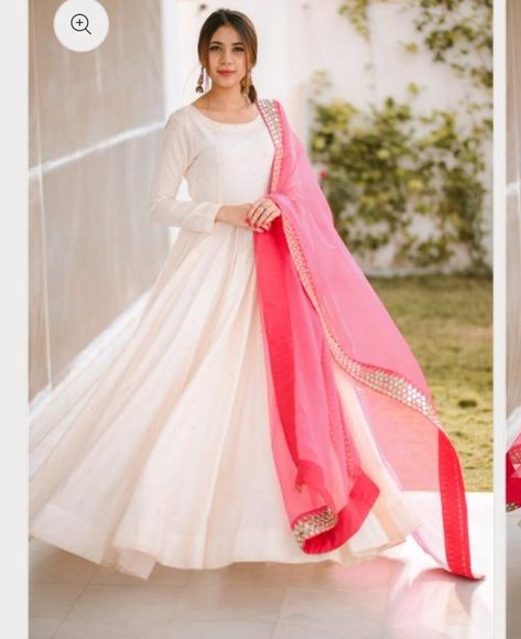 White Net Anarkali Dress, White Gown Indian, White Anarkali Dress, White Anarkali Suits, Organza Frocks, White Frock, White Anarkali, Gown Designs, Long Frock Designs