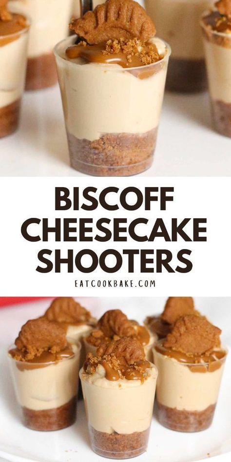 These Biscoff cheesecake shooters are super easy to make and there's no baking required. The recipe serves up to 36 Lotus Biscoff dessert shooters so it's perfect for feeding a crowd! Easy Dessert Cup Ideas, Fall Shooter Desserts, Biscoff Dessert Shooters, Dessert Tin Ideas, Housewarming Party Dessert Ideas, Fancy Fall Appetizers For Party, Dessert Cup Shooters, Mini Autumn Desserts, No Bake Cheesecake Shooters Recipes