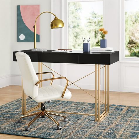 Mercury Row® Modern Black Home Office Desk | Wayfair.ca Black White And Gold Office, Black And Gold Office Ideas, Black And Gold Desk, Black And Gold Office, Desk Entryway, Office Desk Black, Black Metal Desk, Black Home Office, Modern Study