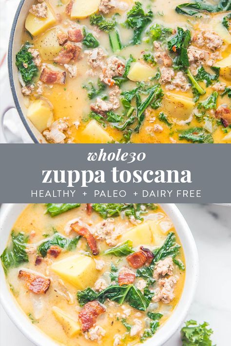 Similar to the Olive Garden soup, this healthy copycat recipe is paleo and Whole30 compliant. Healthy Zuppa Toscana, Olive Garden Soup, Healthy Hearty Soup, Whole30 Soup, Kale Sausage, Whole30 Soup Recipes, Sausage And Bacon, Olive Garden Soups, Homemade Italian Sausage