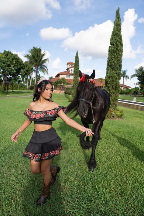 Dama Surprise Outfits, Cute Mexican Outfits For Women, Charra Quinceanera Ideas, Mexican Graduation Dress, Surprise Dance Outfits Quinceanera Red, Quincenera Outfit, Quince Surprise Dance Outfits Vaquera, Red And Black Charro Quinceanera Theme, Mexican Festival Outfit