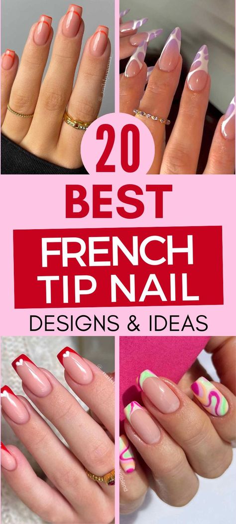 The Best French Tip Nail Designs & Ideas French Tops With Design, French Manicure With Stripe, French Tip Gel Polish, Light Color French Tip Nails, Colored French Tip Nails Chrome, Simple Color French Tip Nails, French Dipped Nails Ideas, Nail Ideas For French Tips, Short Nails Colored French Tip