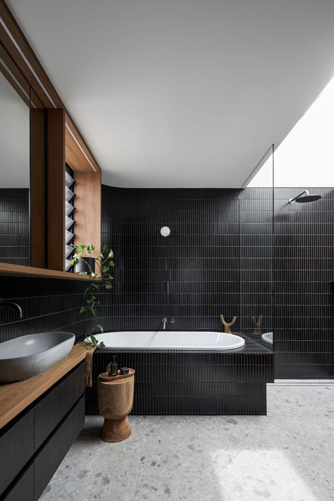 Black Tile Bathrooms, Japanese Tile, Bathroom Design Black, Black Tile, Curved Walls, The Local Project, Black Tiles, Japanese Interior, The Eagle