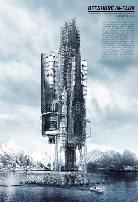 Offshore In-Flux Skyscraper Reduces Gas Emissions Of Oil Platforms - eVolo | Architecture Magazine Oil Platform Architecture, Elevated Architecture, Oil Rig Jobs, Oil Platform, Reduce Gas, Architecture Magazine, Architectural Competition, Architecture Concept Diagram, Skyscraper Architecture