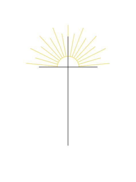 A dainty cross with a yellow half sun at the top. Still I Rise Tattoo With Cross, Biblical Sun Tattoo, Cross And Sun Rays Tattoo, Cross Crown Tattoo, Christian Sun Tattoo, Sun Rise Tattoo Design, Cross And Sun Tattoo, Be The Light Tattoo Ideas, Cross With Sun Rays Tattoo